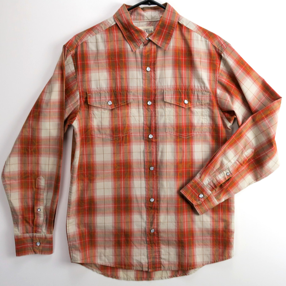 Men's Western Pearl Snap Shirt Small Rust Orange Cream Plaid Long Sleeve RedHead